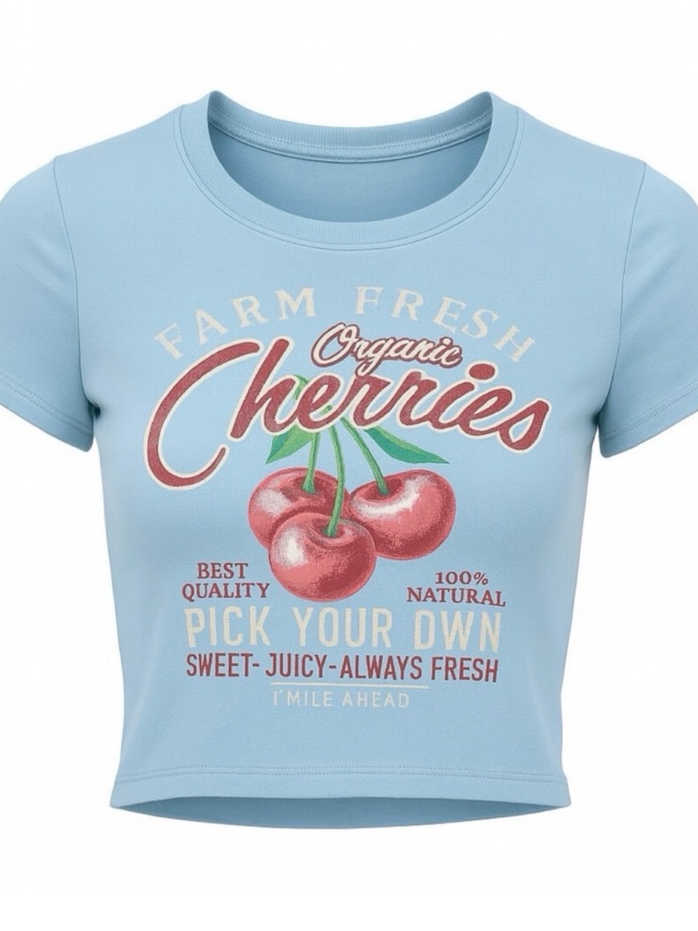 Full Tilt Light Blue Graphic Crop Tee - Cherries Print